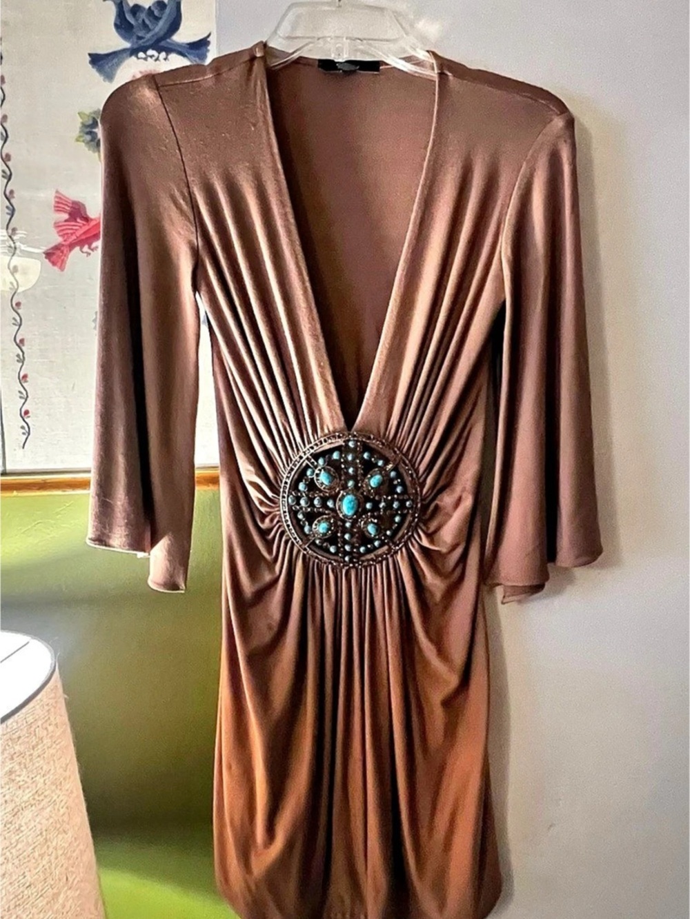 Vintage SKY Brand Plunging V-Neck Medallion Dress Y2K Boho Bronze